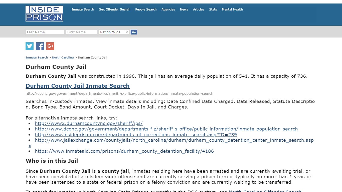 Durham County Jail - North Carolina - Inmate Search